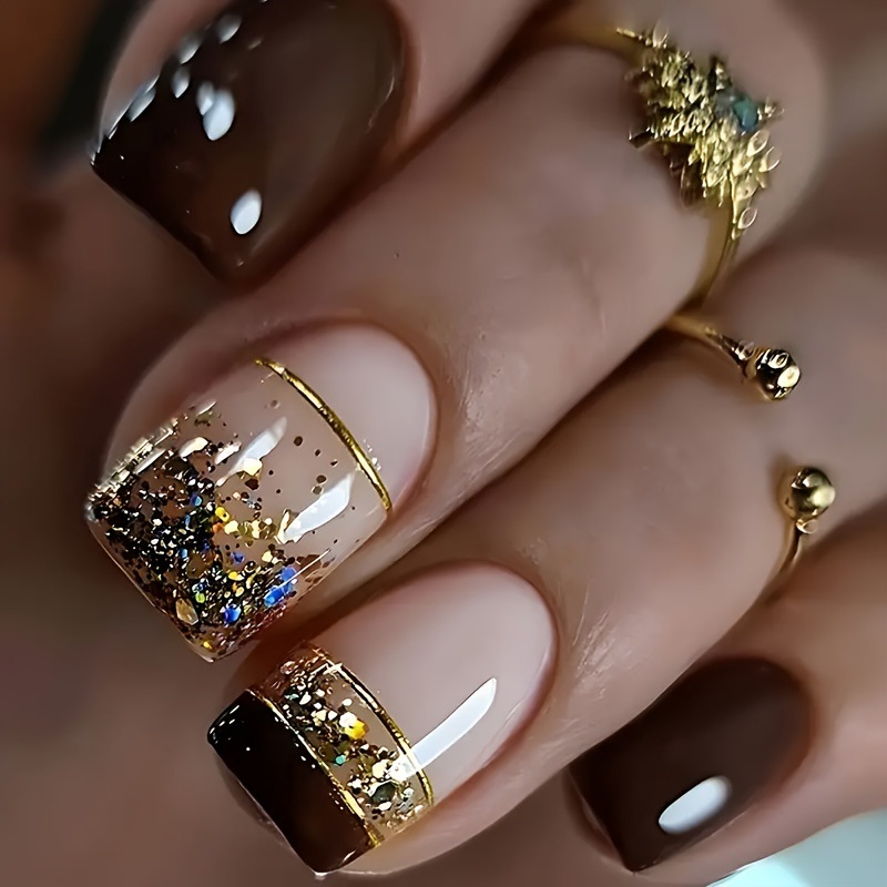 Press On Nail Set - Kuku palsu pendek persegi untuk wanita,