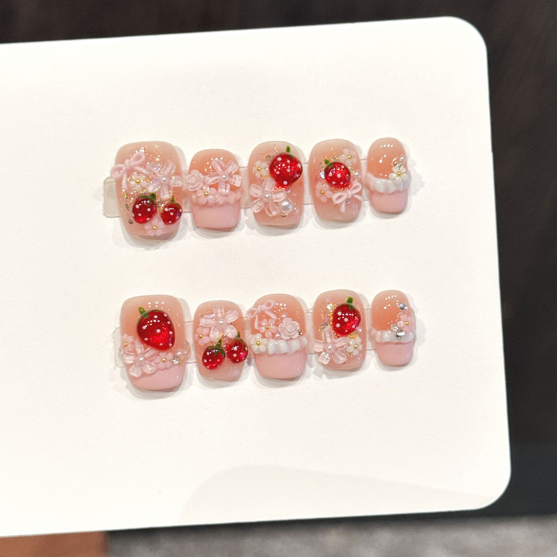 Nail Art Xs - 10pcs Kuku Palsu Cantik Motif Stroberi